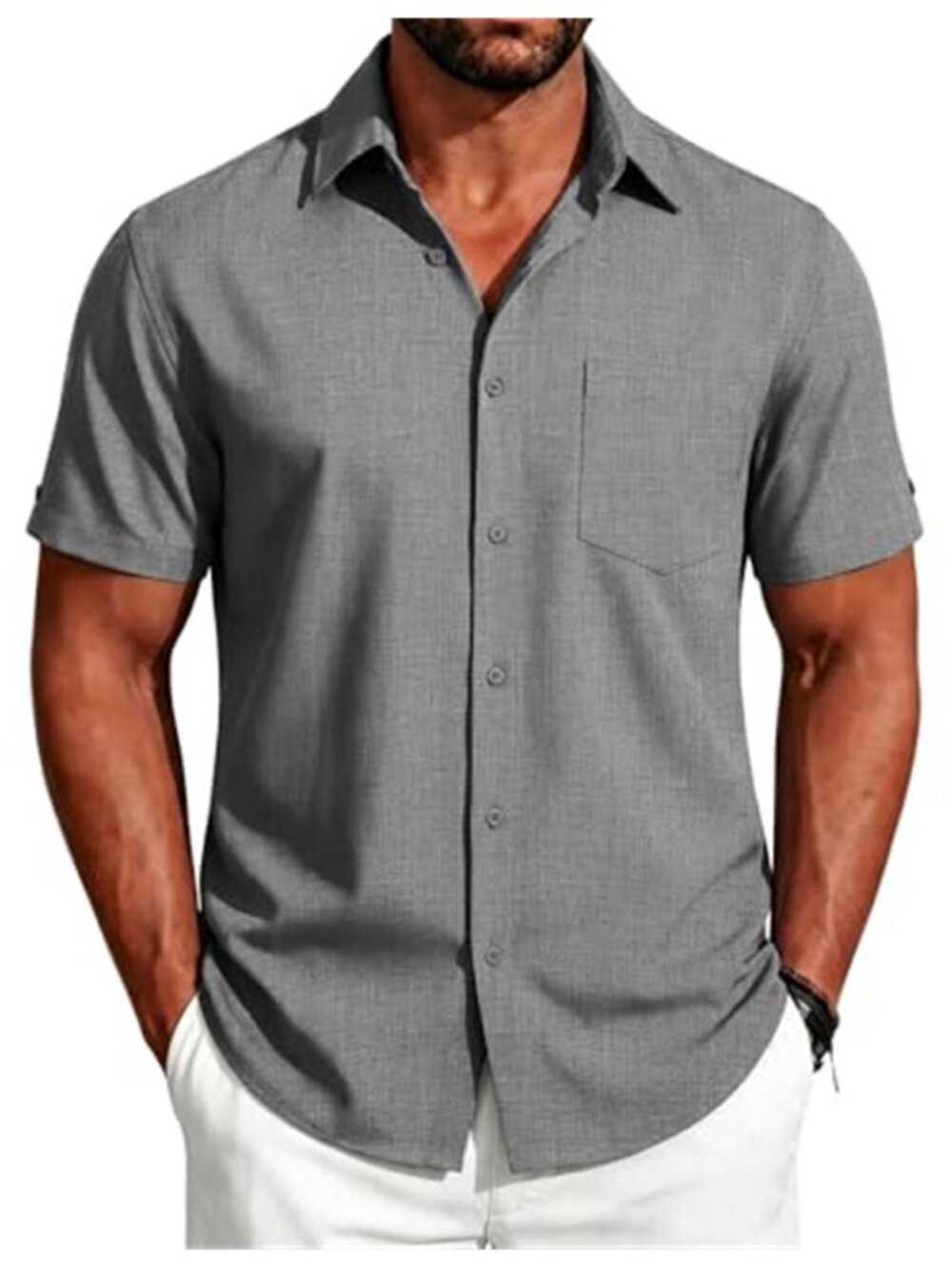 Men Dark Grey Short Sleeve Button Down Linen Shirt Summer Beach Casual Pocket